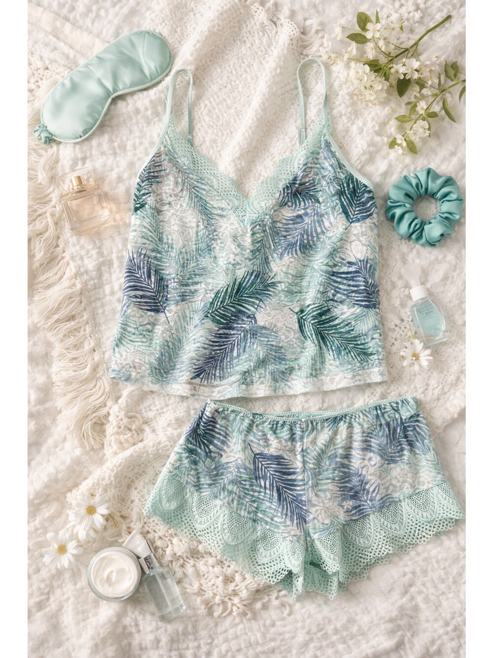 NWT In Bloom by Jonquil Women's Lace Cami & Shorts Pajama Set Aqua Palm Size XL